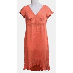 J Jill Linen Dress Womens 8 Reddish/Orange V-Neck Ruffle Trim Midi Sheath